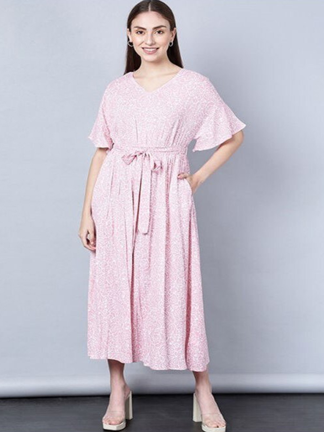 

Aila Floral Printed Cotton Flared Sleeves Tie Up Maxi Dress With Belt, Pink