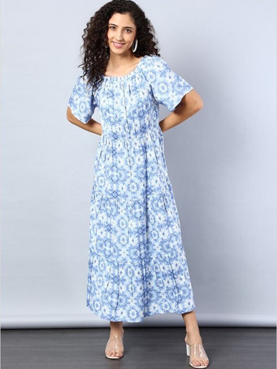 

Aila Floral Printed Cotton Flared Sleeves Tiered Maxi Dress, White