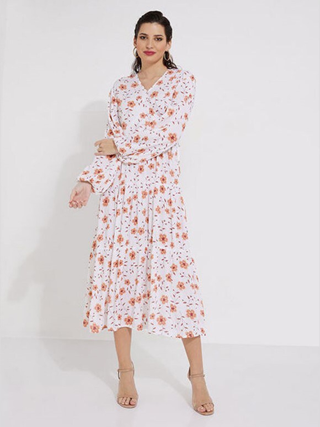 

Aila Floral Printed Wrap Midi Dress, White