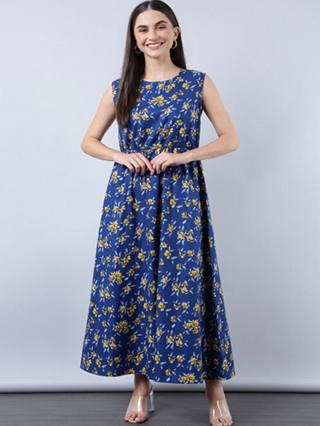

Aila Floral Printed Round Neck Maxi Dress, Blue