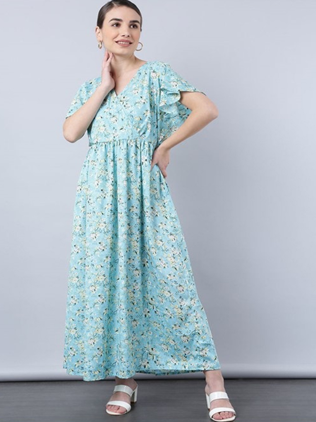 

Aila Floral Printed Flared Sleeves Maxi Dress, Blue