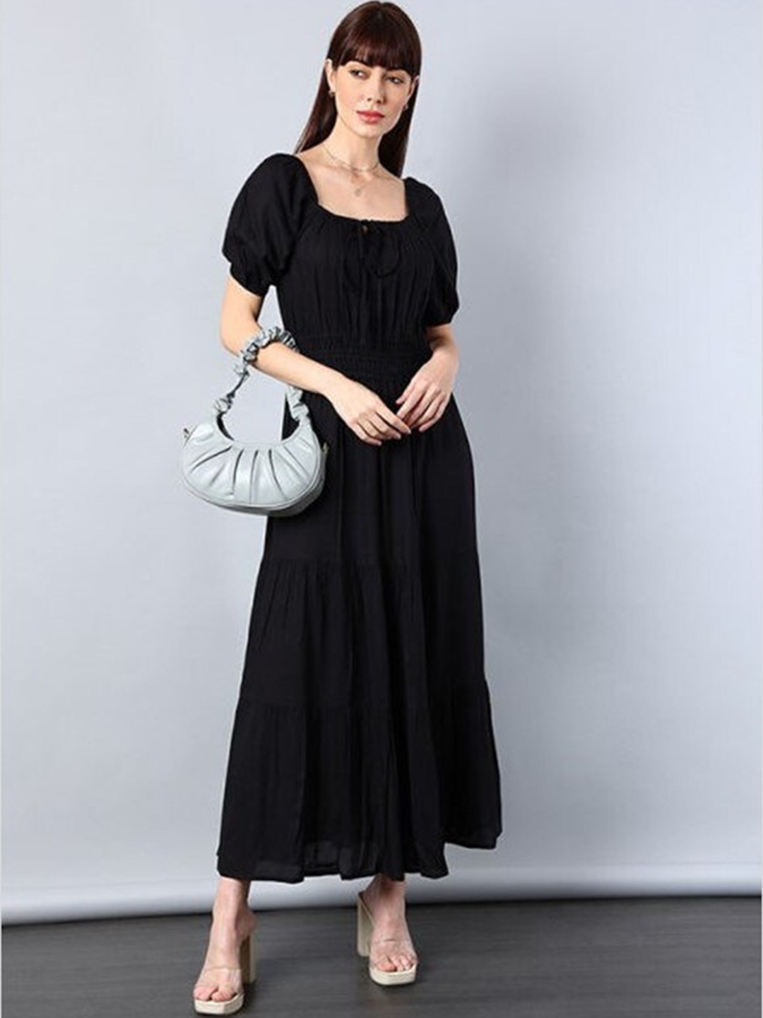 

Aila Tie Up Neck Puff Sleeves Maxi Dress, Black