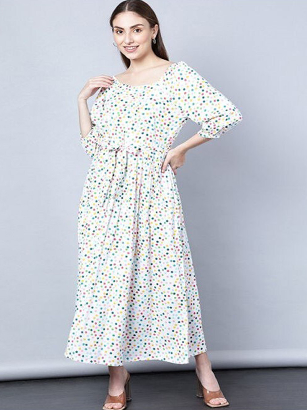 

Aila Polka Dots Printed Puff Sleeves Maxi Dress, White