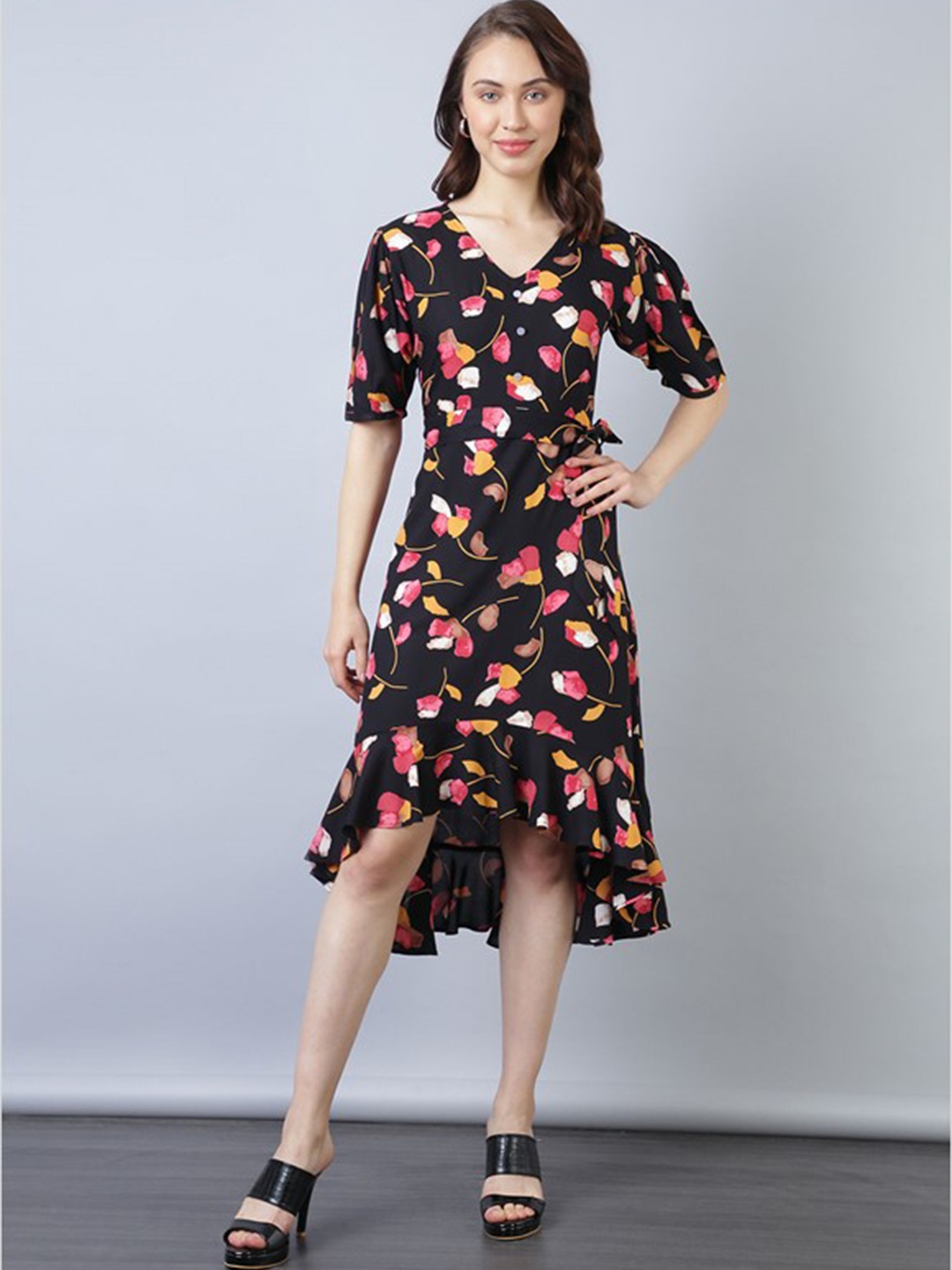 

Aila Floral Printed Puffed Sleeves Fit & Flare Dress, Black