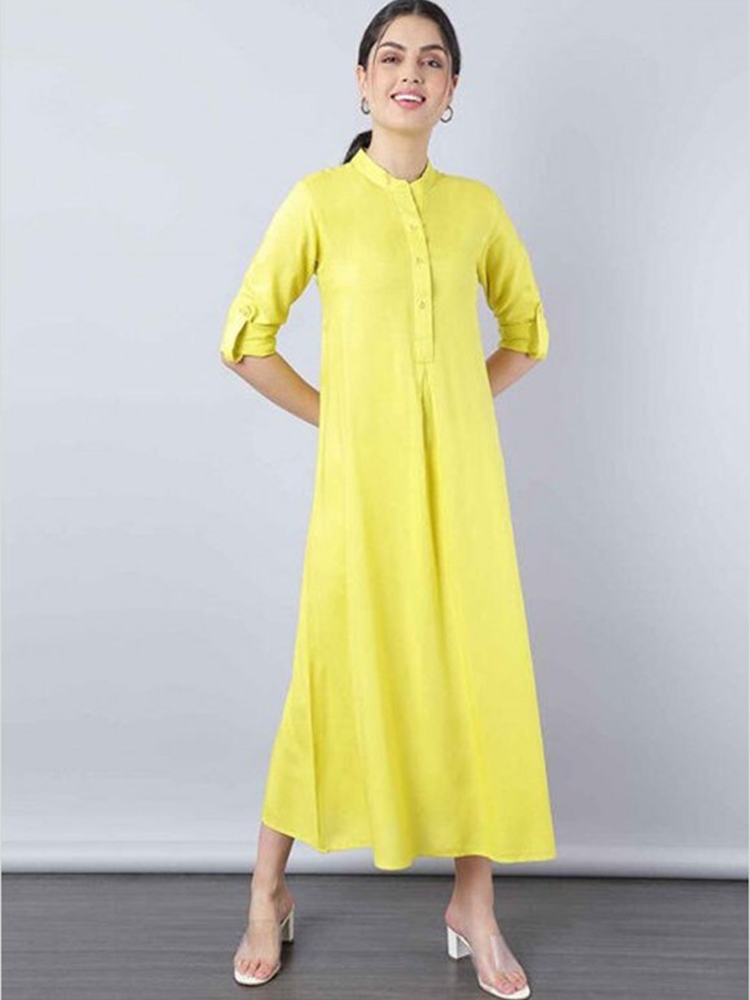 

Aila Mandarin Collar A-Line Midi Dress, Yellow