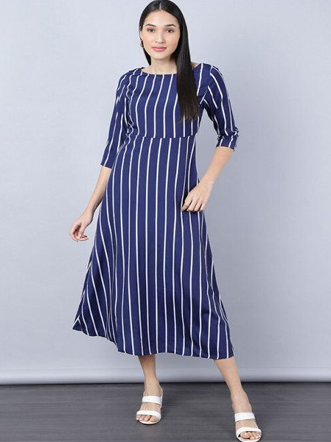 

Aila Striped Print Boat Neck Fit & Flare Dress, Blue