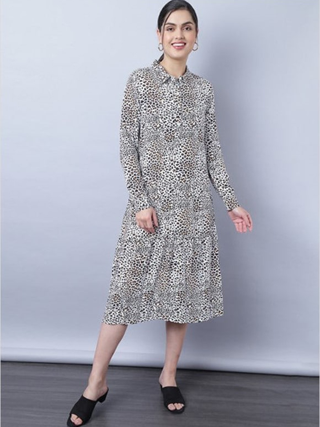 

Aila Animal Printed A-Line Midi Shirt Dress, White