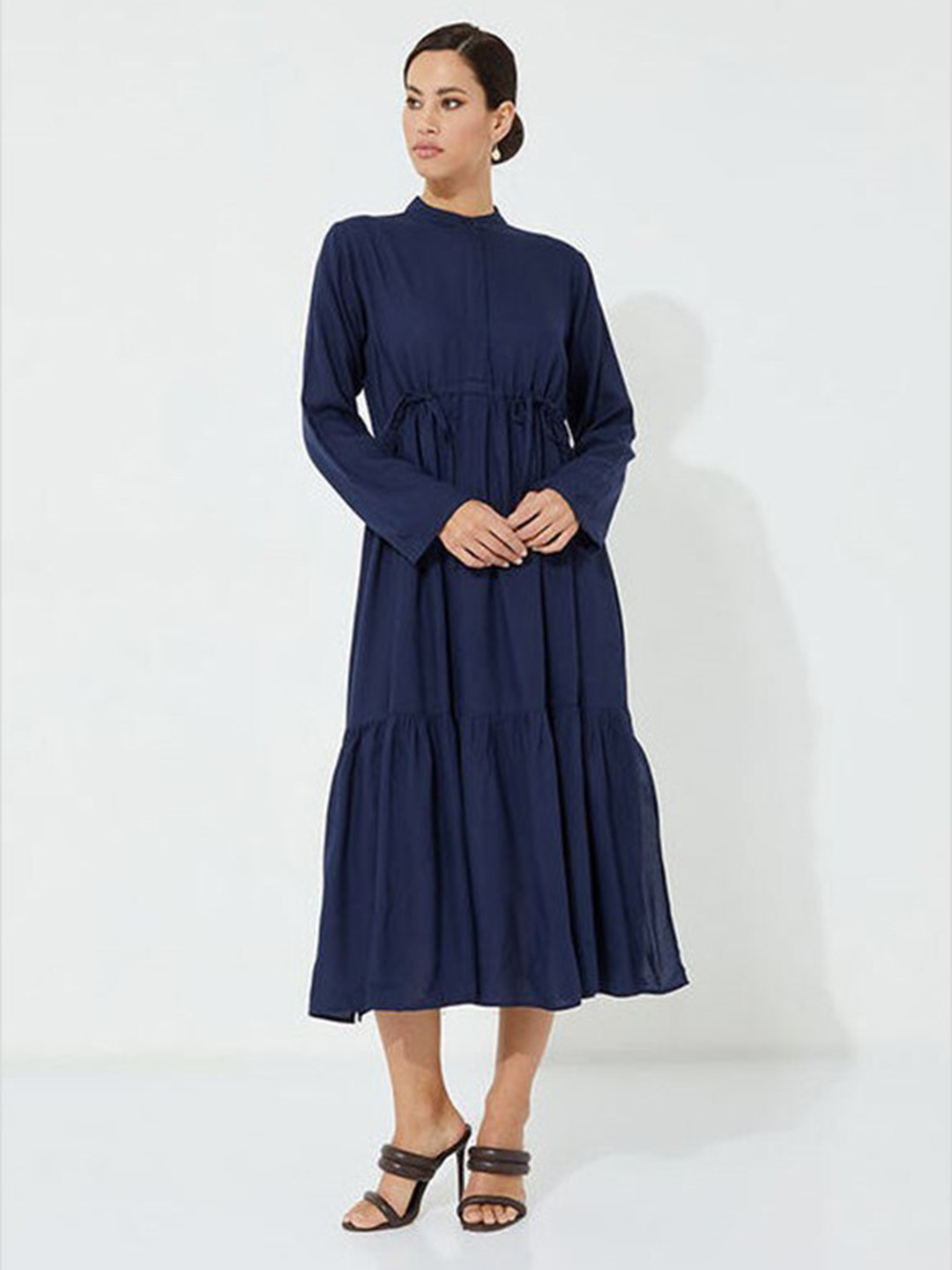 

Aila Band Collar A-Line Midi Dress, Navy blue