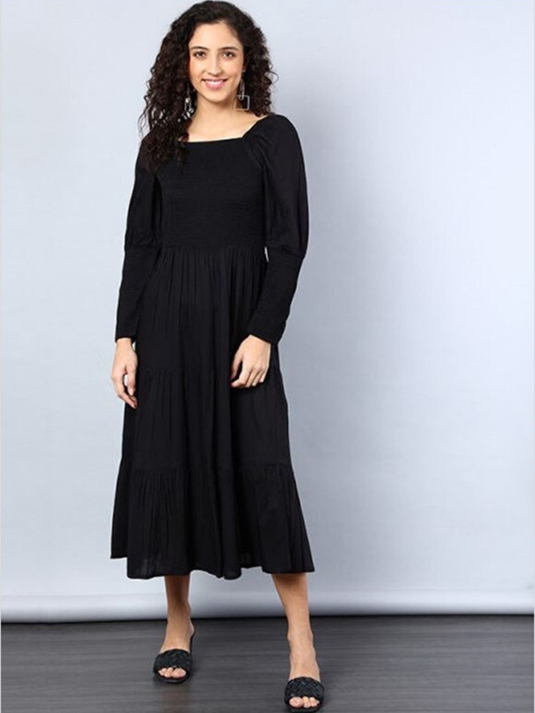 

Aila Square Neck Puff Sleeves Smocked Fit & Flare Midi Dress, Black