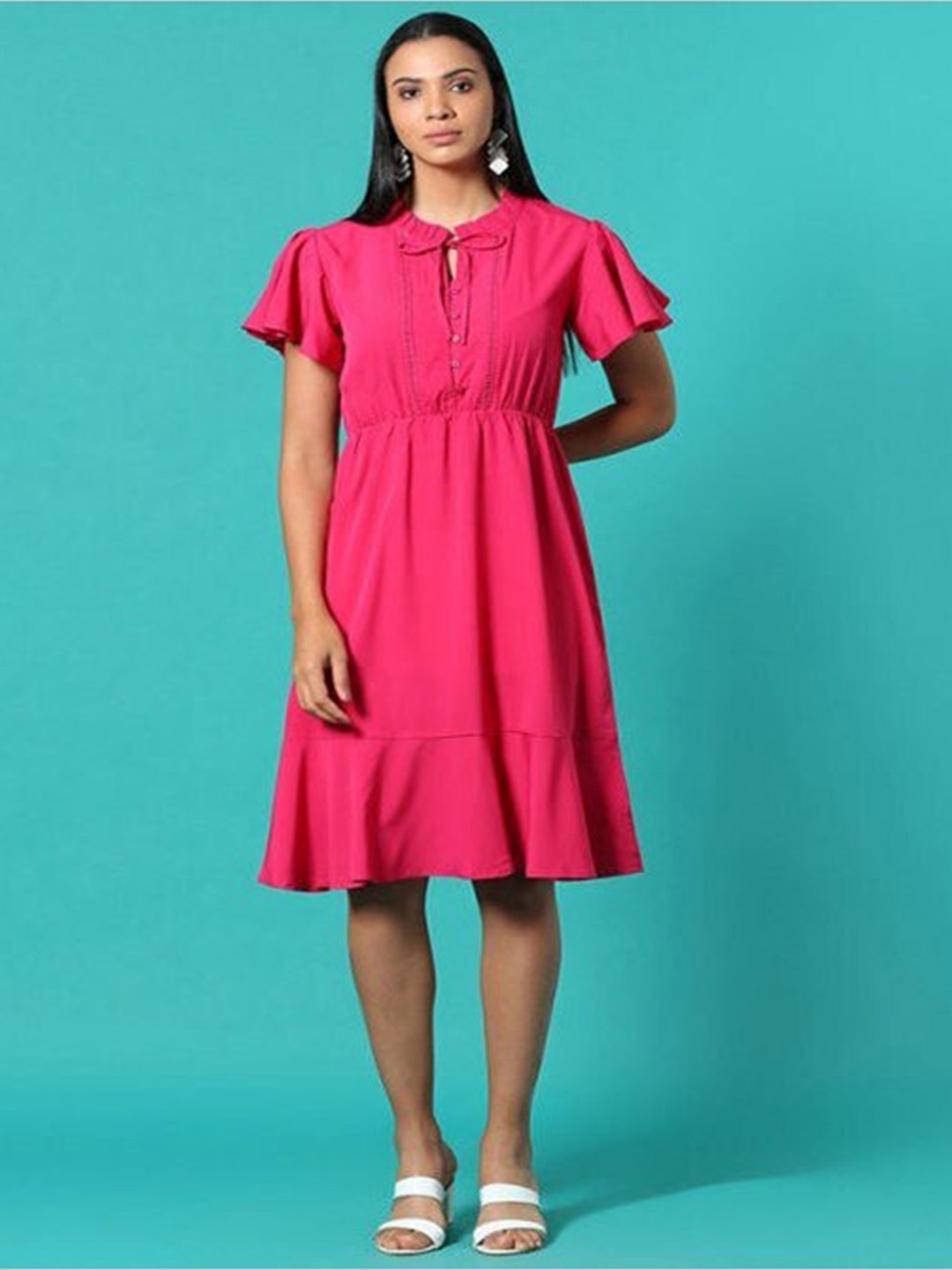 

Aila Tie-Up Neck Cotton Flared Sleeves A-Line Dress, Magenta