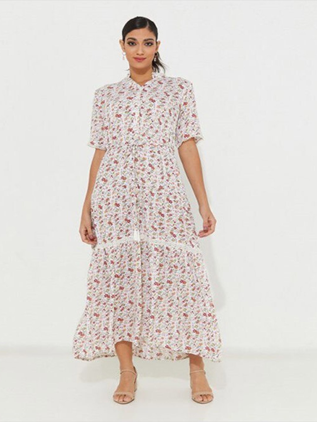 

Aila Floral Printed Mandarin Collar Fit & Flare Midi Dress, White