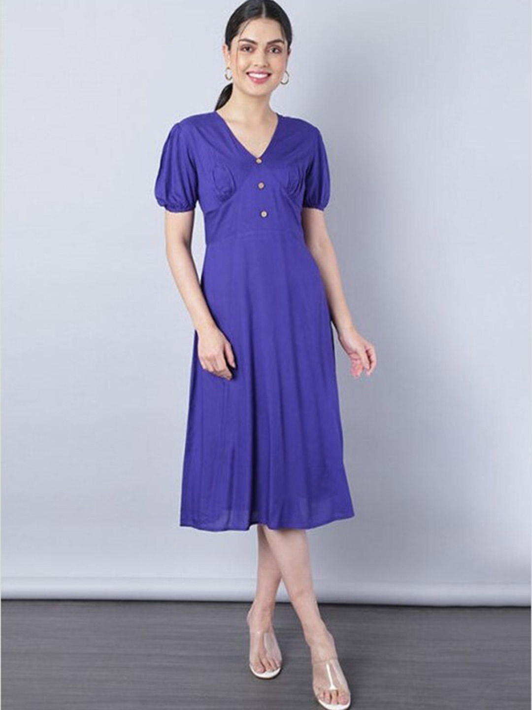 

Aila V-Neck Puff Sleeves Cotton A-Line Midi Dress, Blue