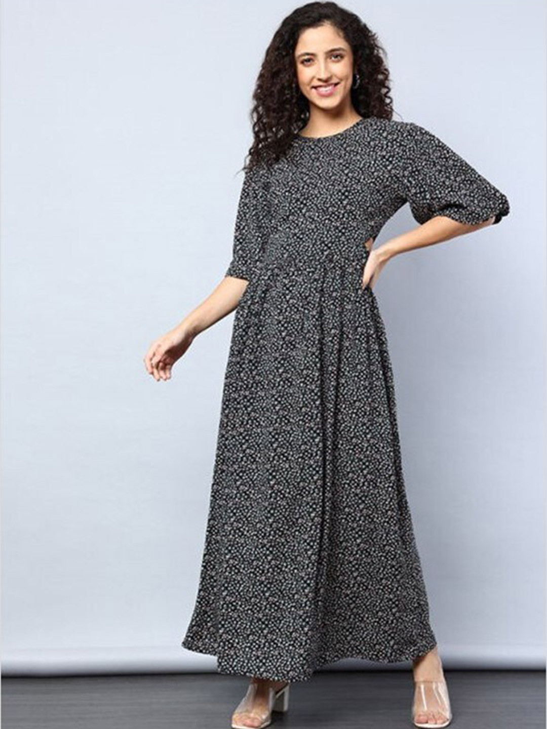 

Aila Floral Printed Flared Sleeves Cut Out Maxi Dress, Black