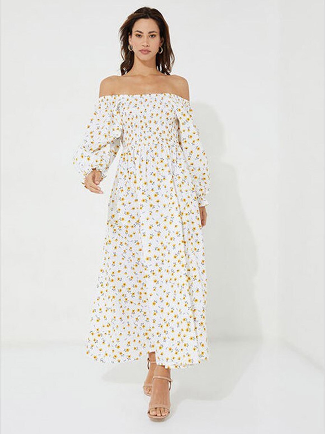 

Aila Floral Printed Off-Shoulder Puff Sleeves Gathered Fit and Flare Maxi Dress, White