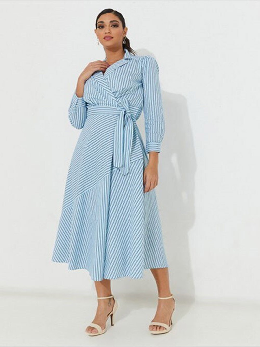 

Aila Striped Fit Wrap Midi Dress, Blue