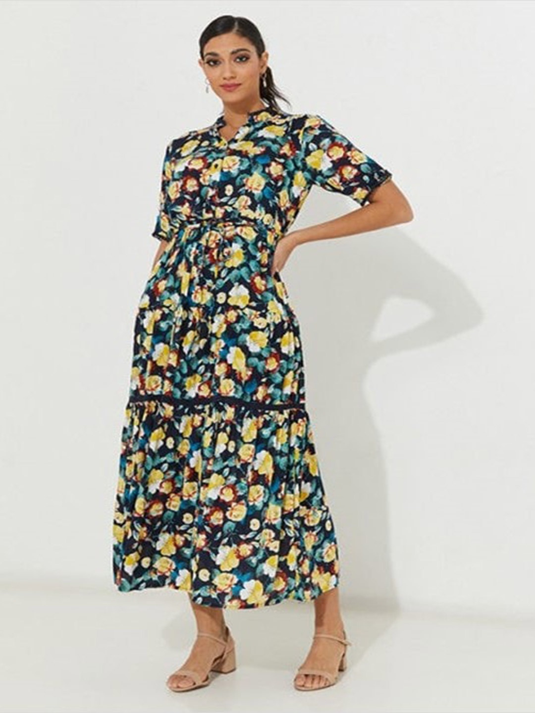 

Aila Floral Printed Mandarin Collar Fit & Flare Maxi Dress, Navy blue
