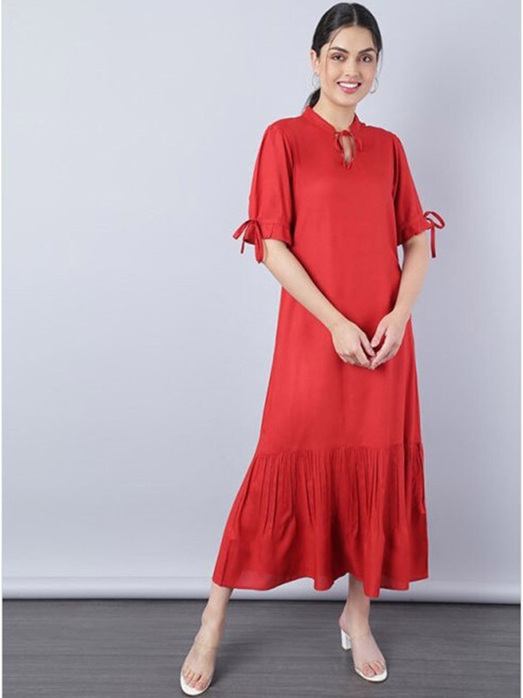 

Aila Tie-Up Neck A-Line Midi Dress, Red