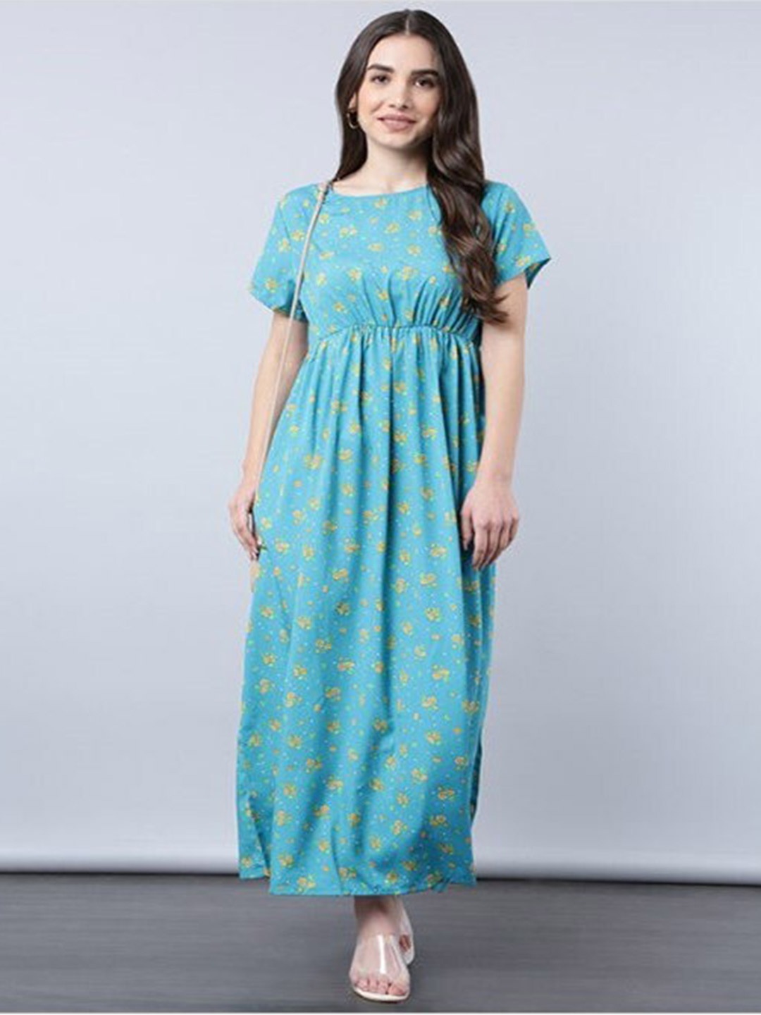 

Aila Floral Printed Cotton A Line Maxi Dress, Blue