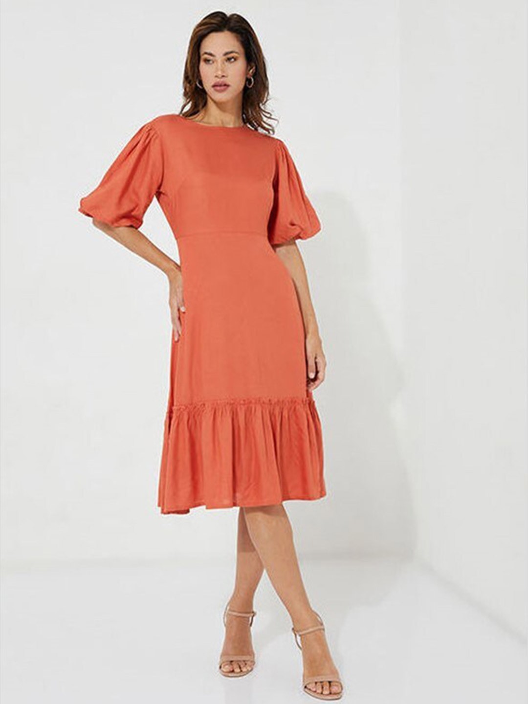 

Aila Puff Sleeve Cotton A Line Dress, Orange
