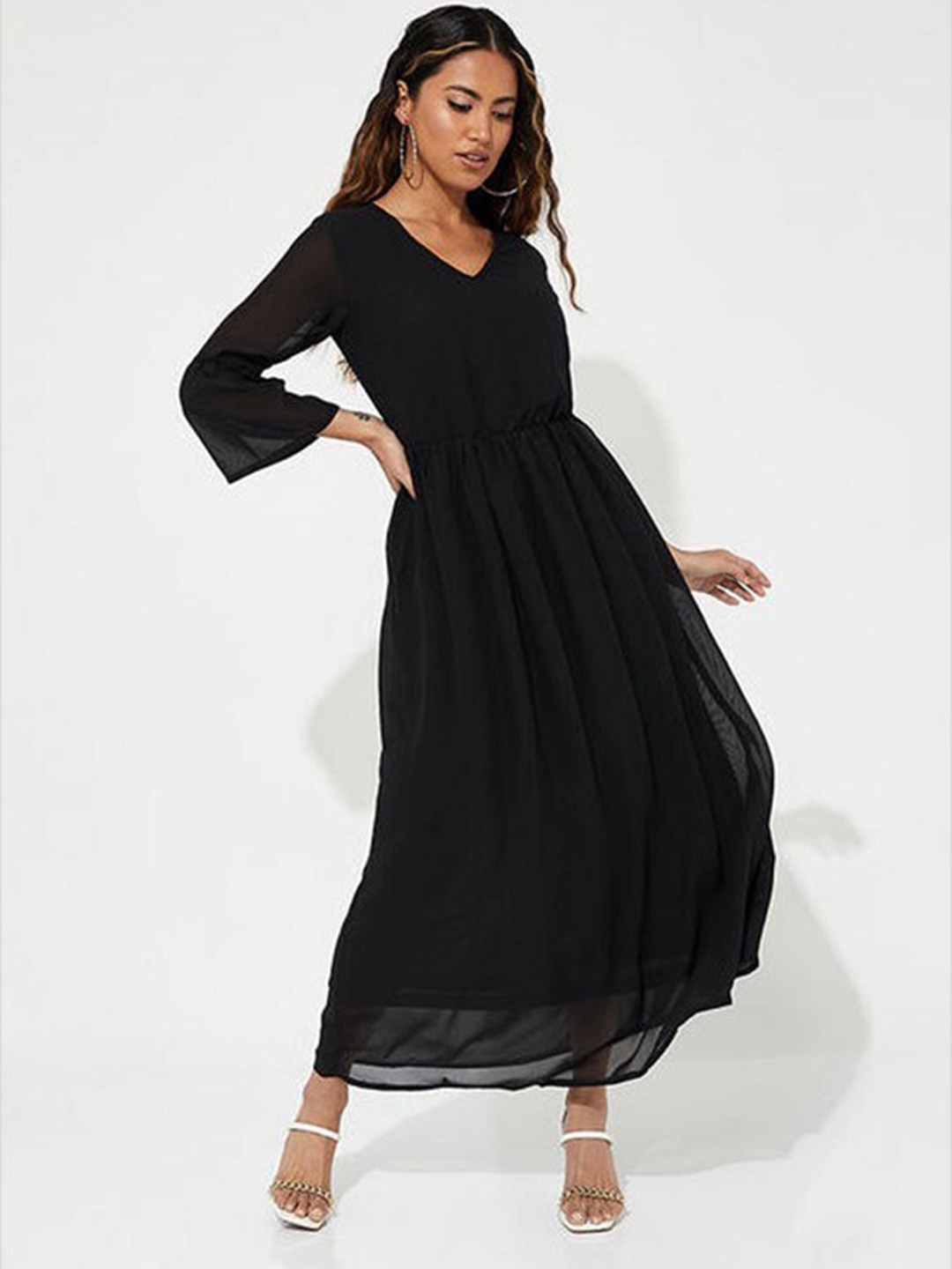 

Aila V Neck Gathered Or Pleated Cotton A Line Maxi Dress, Black