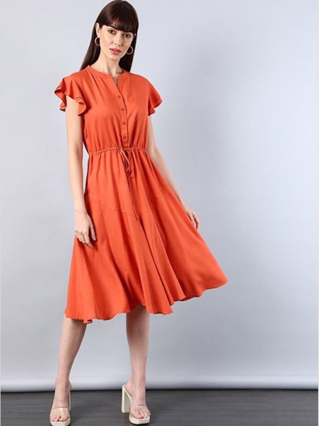 

Aila Mandarin Collar Flutter Sleeve Tie-Ups Fit & Flare Midi Dress, Orange