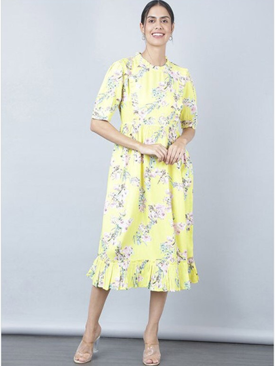 

Aila Floral Printed Round Neck Puff Sleeve Gathered A-Line Midi Dress, Yellow