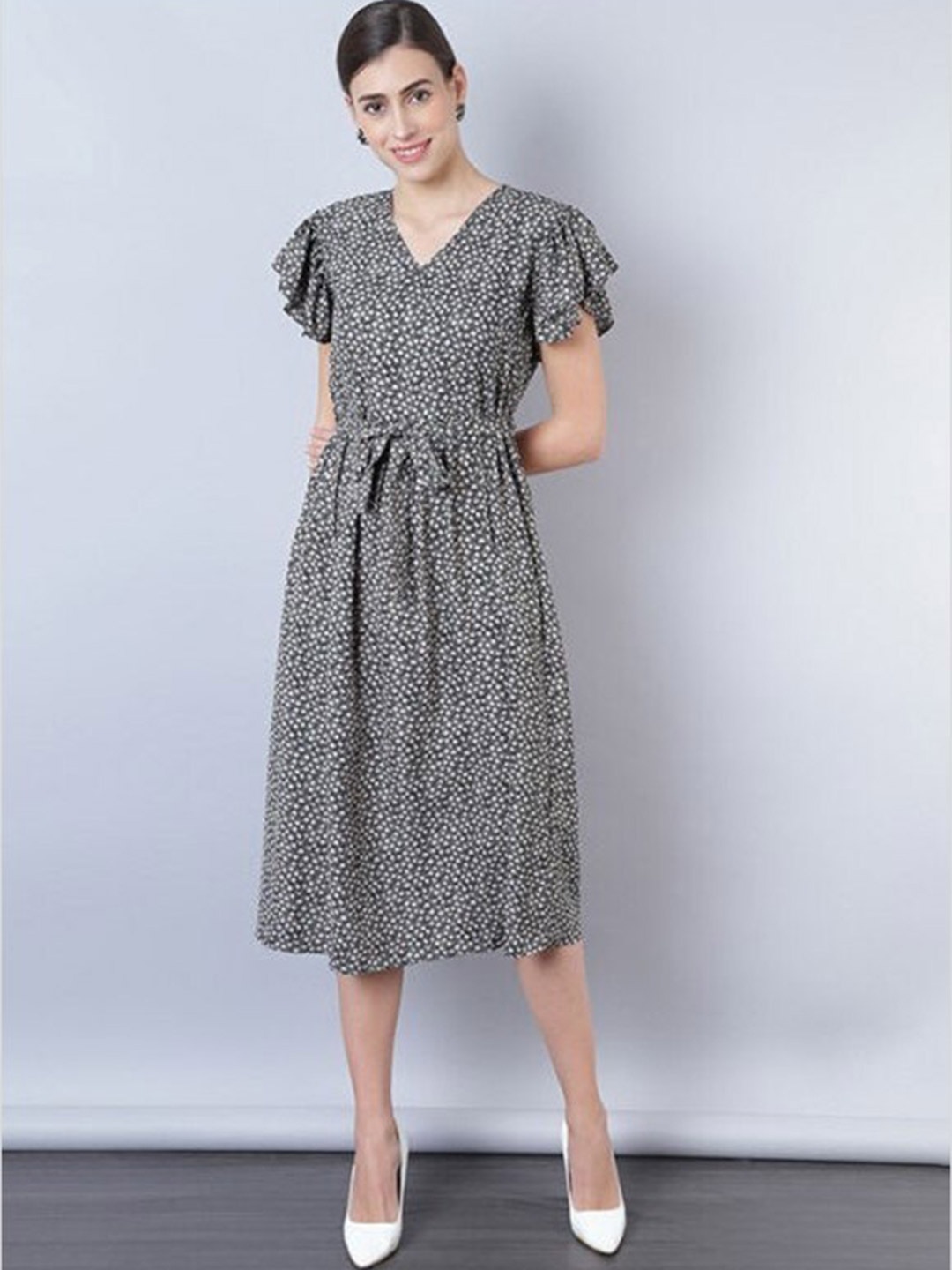 

Aila Floral Printed V-Neck Flutter Sleeve Belted Fit & Flare Midi Dress, Black