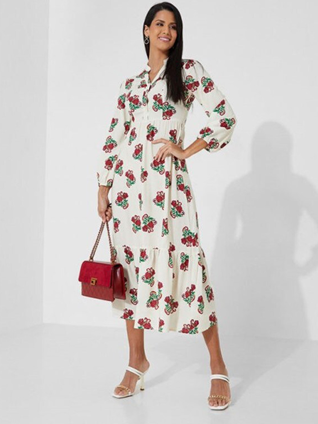 

Aila Mandarin Collar Graphic Printed Cotton A-Line Midi Dress, Off white