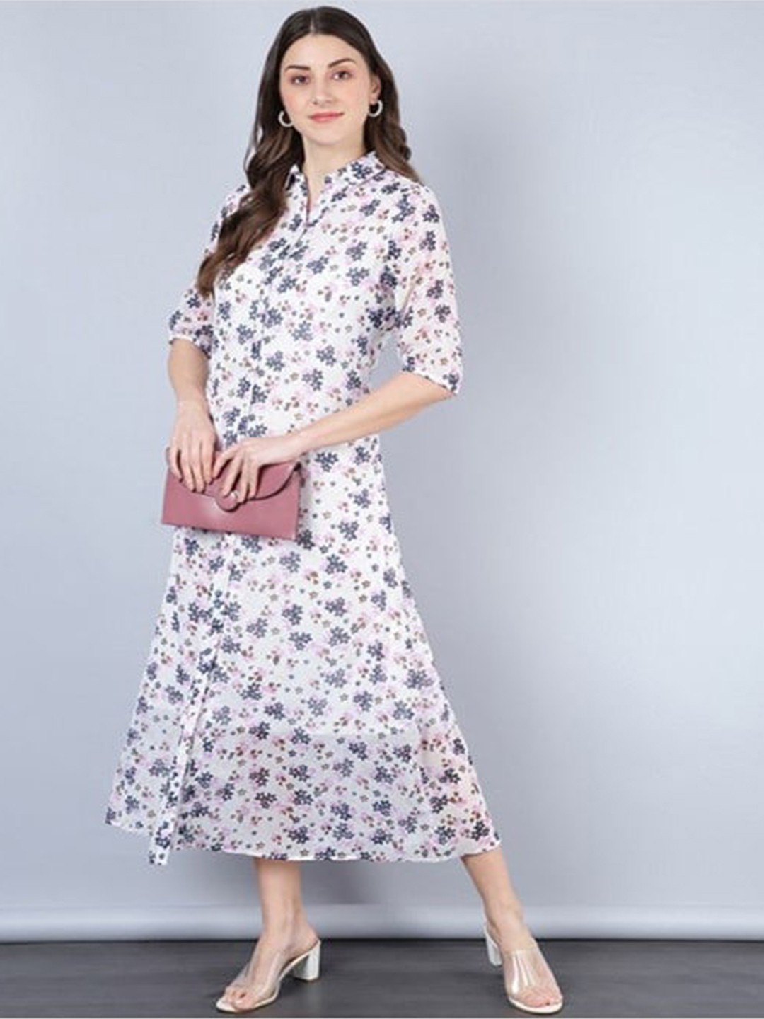 

Aila Floral Printed Maxi Shirt Dress, White