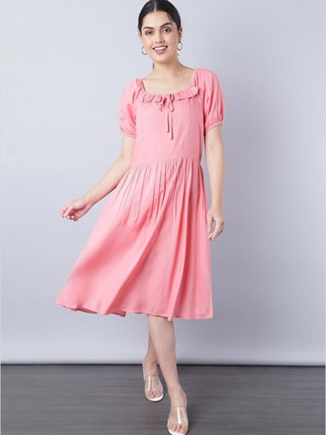 

Aila Puff Sleeves Ruffles Detailed A-Line Midi Dress, Pink