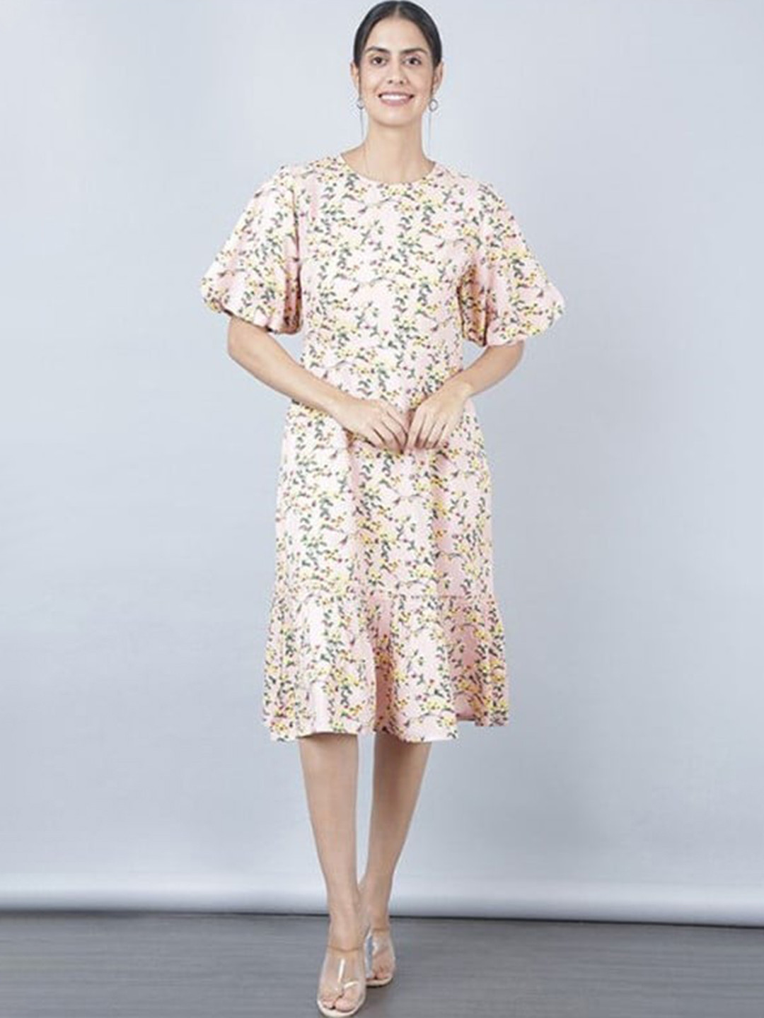 

Aila Floral Printed Flared Sleeves A-Line Midi Dress, Peach