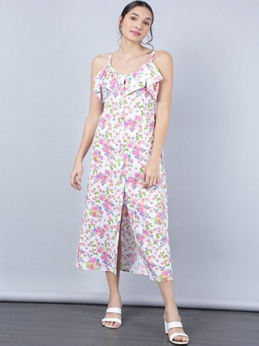 

Aila Floral Printed Shoulder Strap Ruffled Fit & Flare Maxi Dress, White