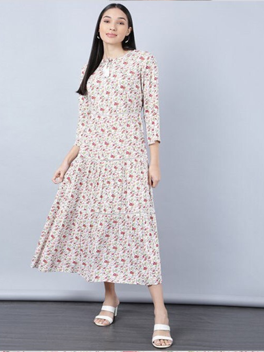 

Aila Floral Printed Tie-Up Neck Gathered Detailed Fit & Flare Midi Dress, White