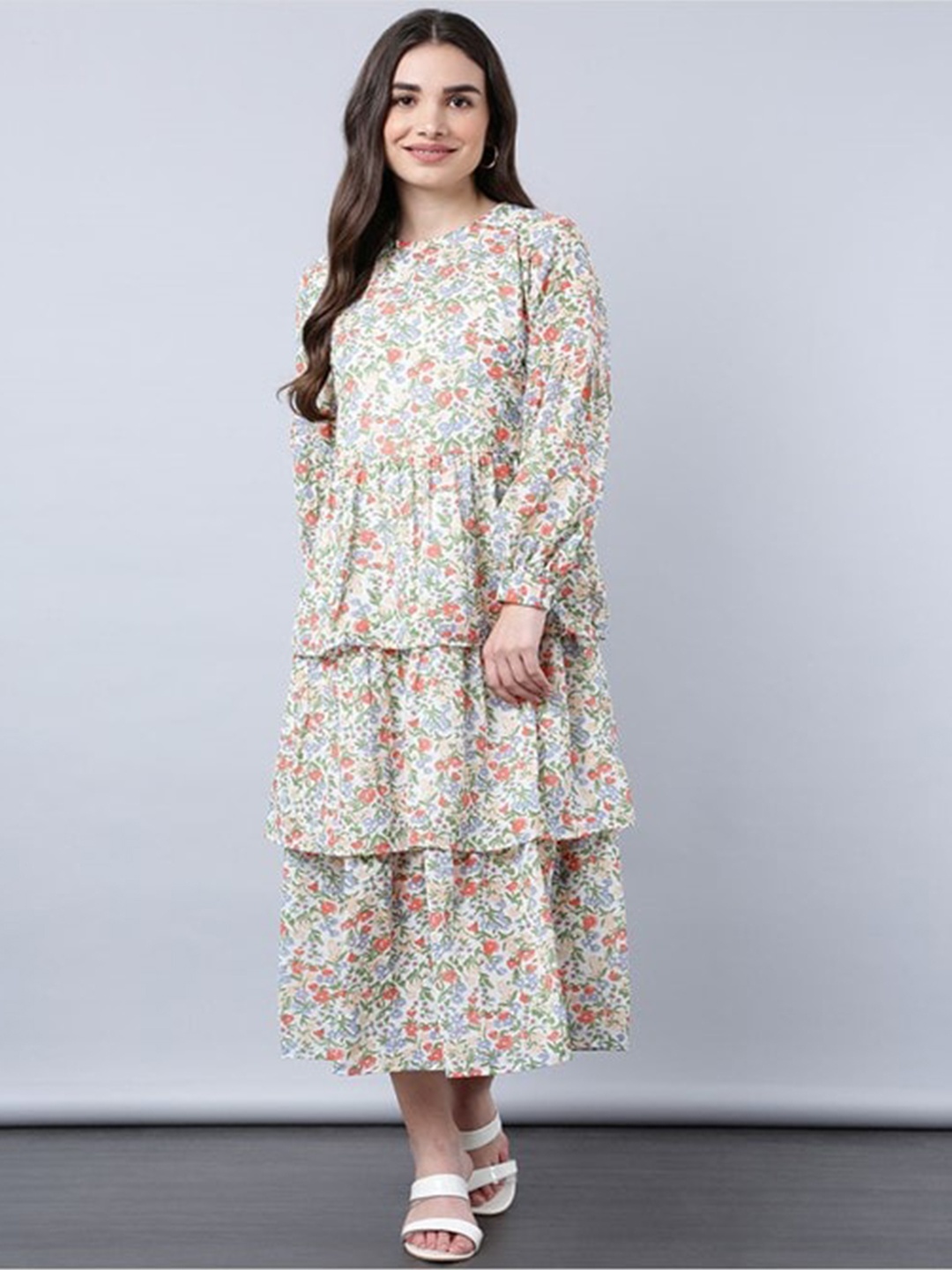 

Aila Floral Printed Puffed Sleeves Layered Fit & Flare Midi Dress, Beige