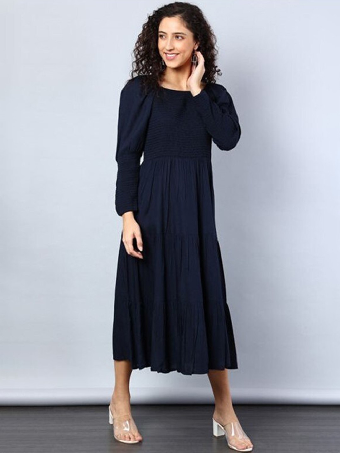 

Aila Smocked Puff Sleeves Fit & Flare Midi Dress, Navy blue