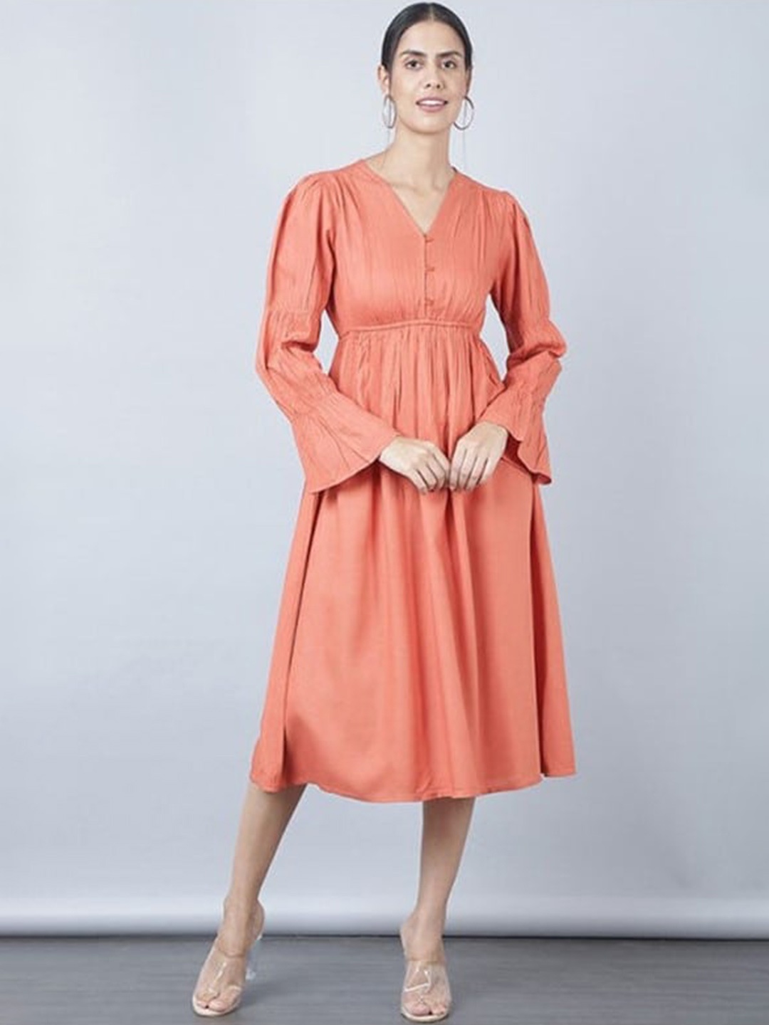 

Aila V-Neck Gathered Fit & Flare Midi Dress, Orange