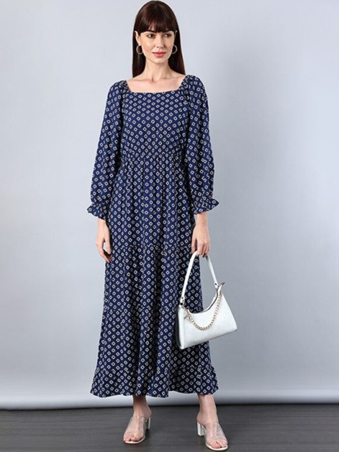 

Aila Geometric Printed Square Neck Puffed Sleeves Fit & Flare Maxi Dress, Blue