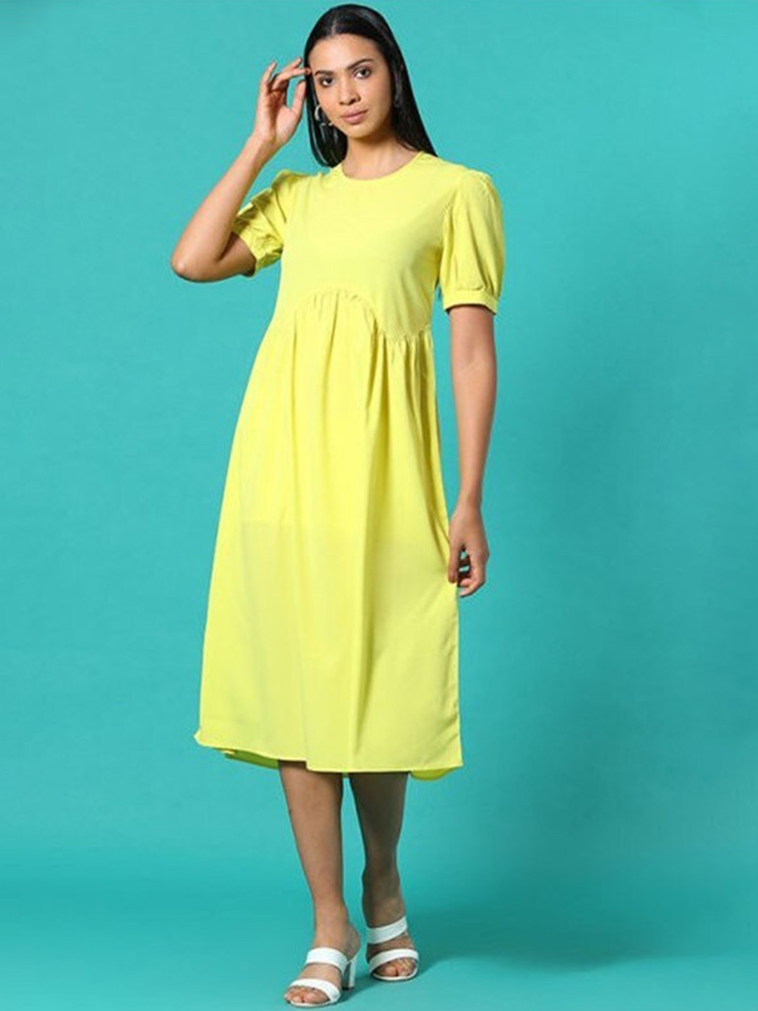 

Aila Round Neck Cotton A Line Dress, Green