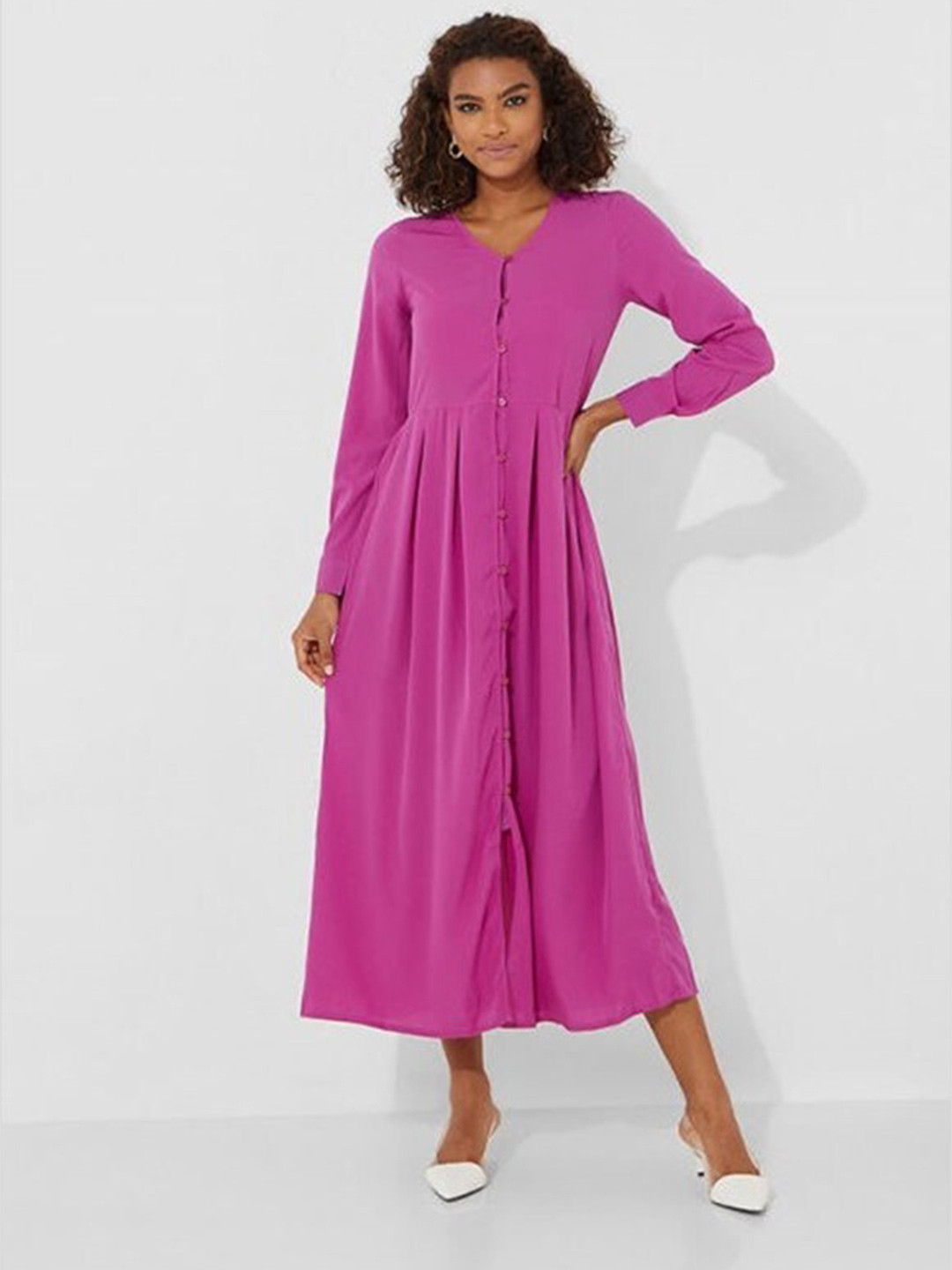

Aila V-Neck Fit & Flare Midi Cotton Dress, Pink