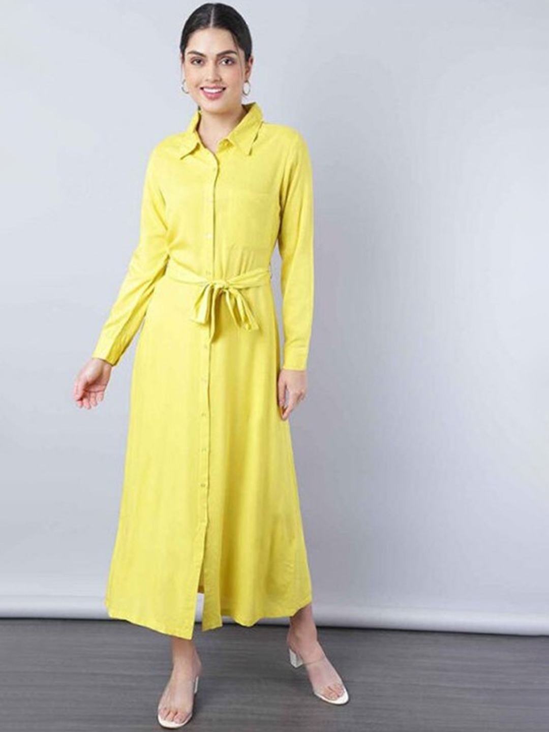 

Aila Tie Ups Cotton Shirt Maxi Dress, Yellow