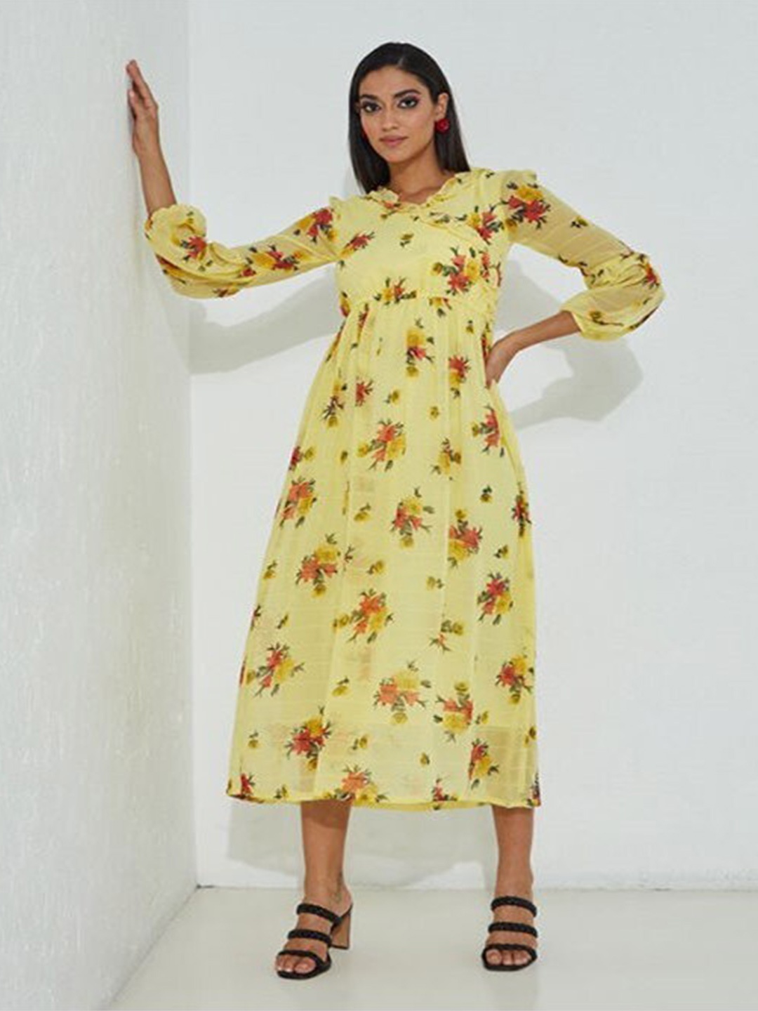 

Aila Floral Printed Ruffled Cotton A-Line Midi Dress, Yellow