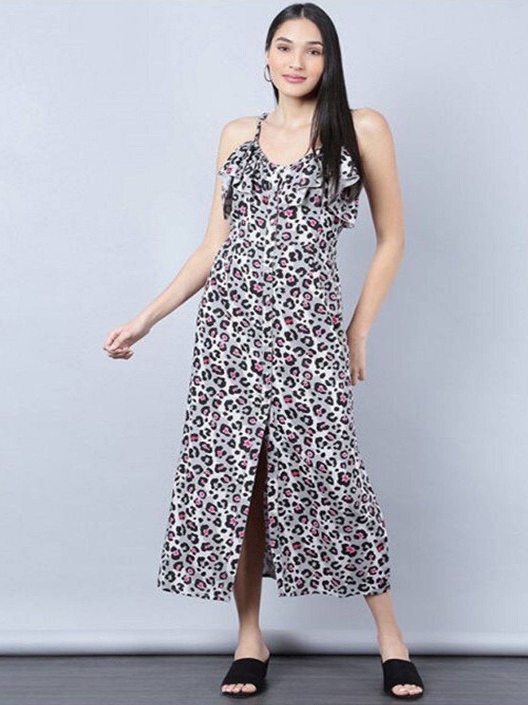 

Aila Animal Print Shoulder Strap A-Line Midi Dress, Green