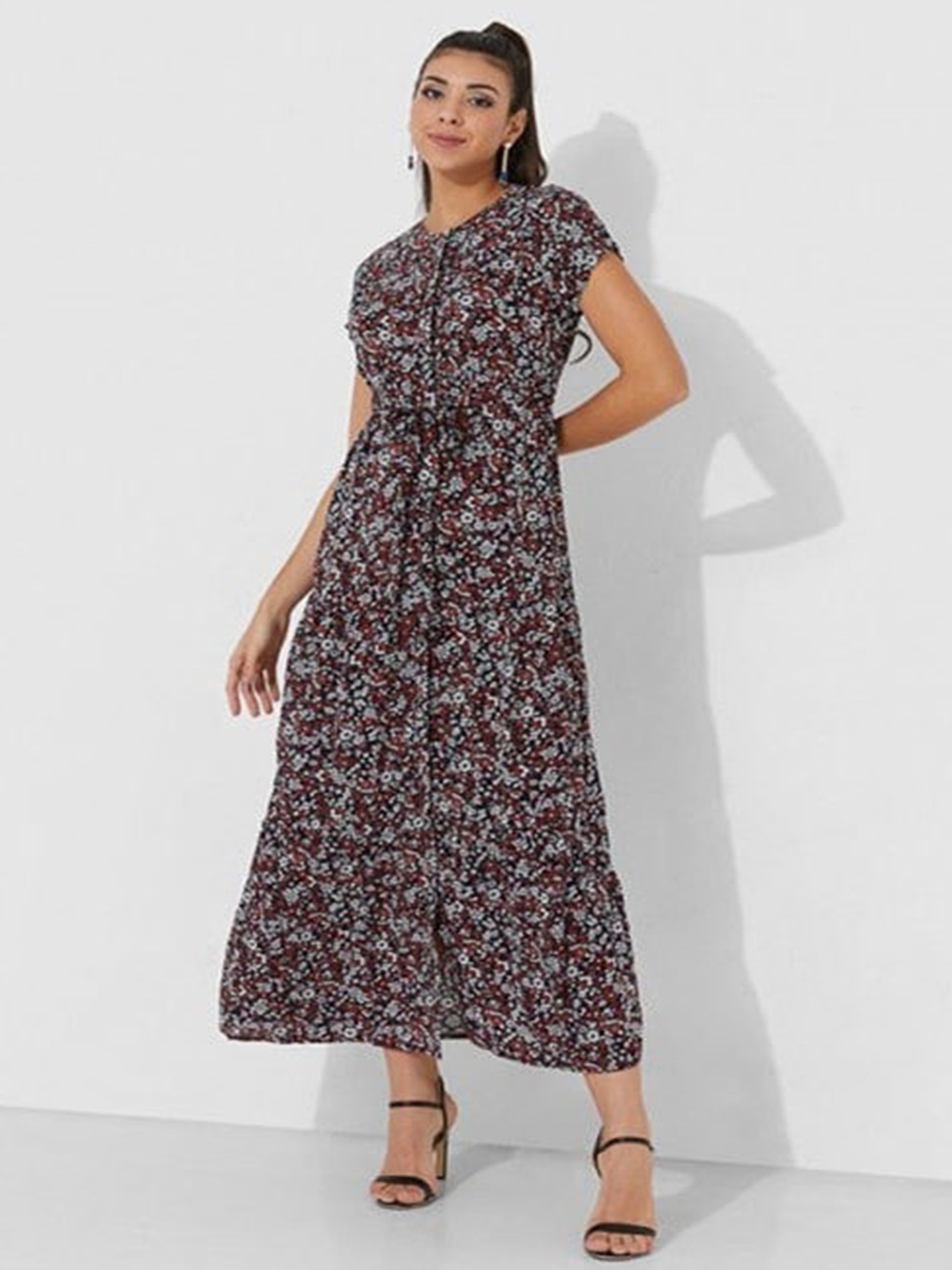 

Aila Floral Printed Tie-Ups Detail A-Line Maxi Dress, Navy blue