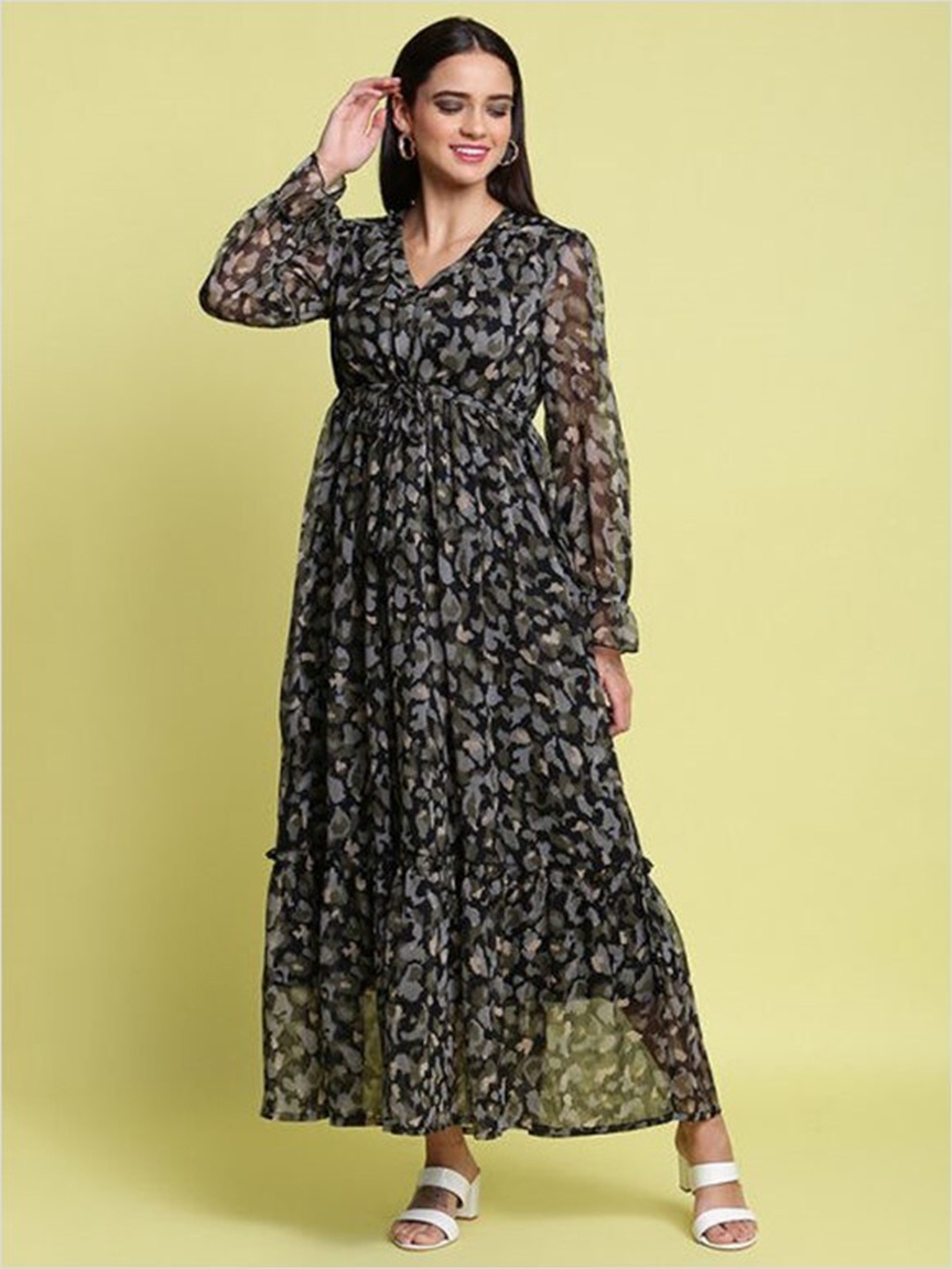 

Aila Floral Printed Bell Sleeves Fit & Flare Maxi Dress, Black