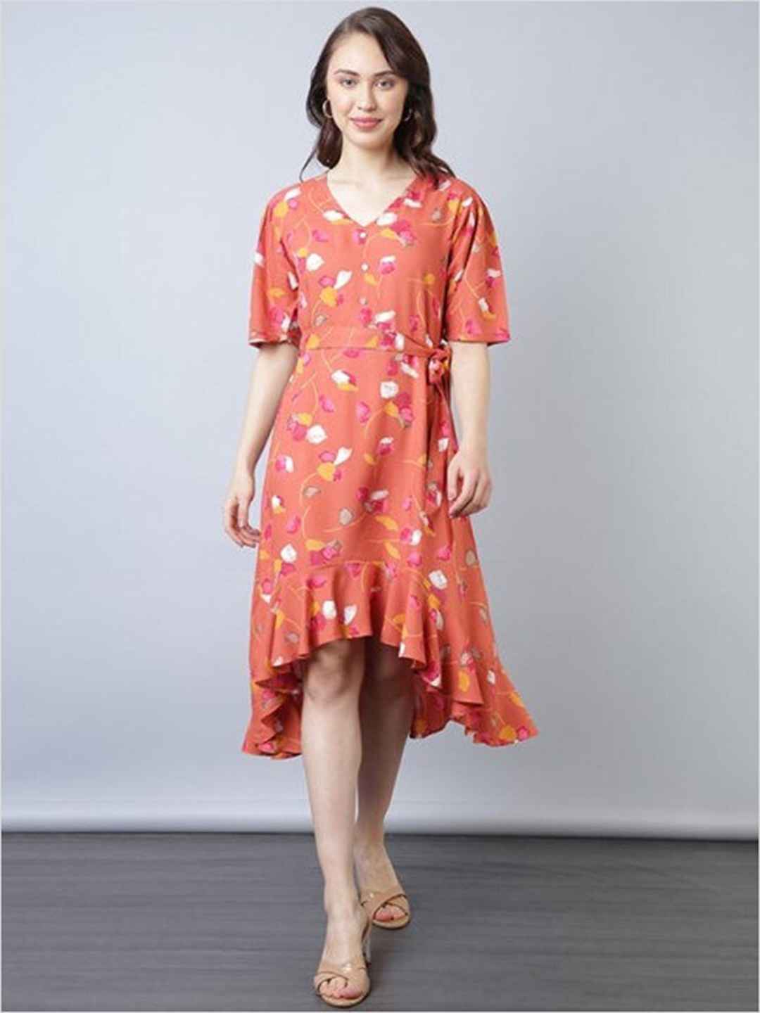 

Aila Floral Printed Cotton Tie Up Neck A-Line Dress, Orange