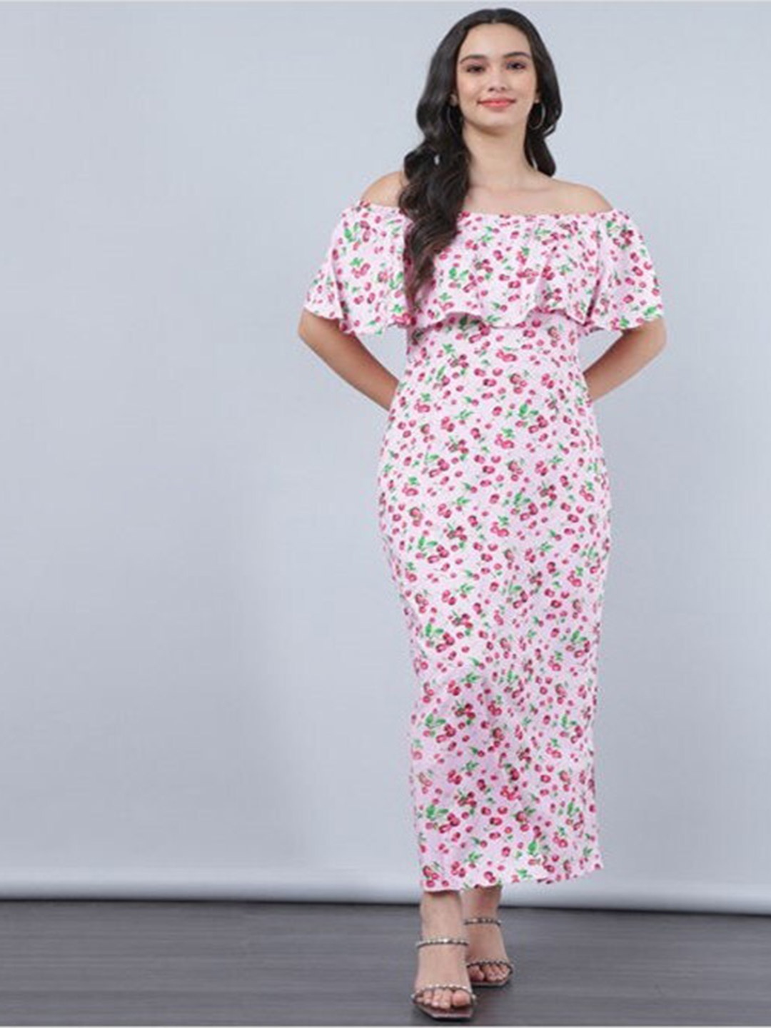 

Aila Floral Printed Off-Shoulder Flared Sleeves Maxi Dress, Pink