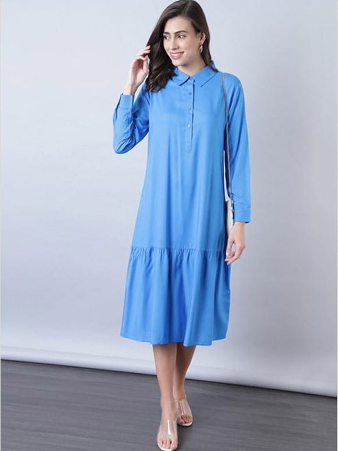 

Aila Shirt Collar Cuffed Sleeves Gathered Detailed Shirt Midi Dress, Blue