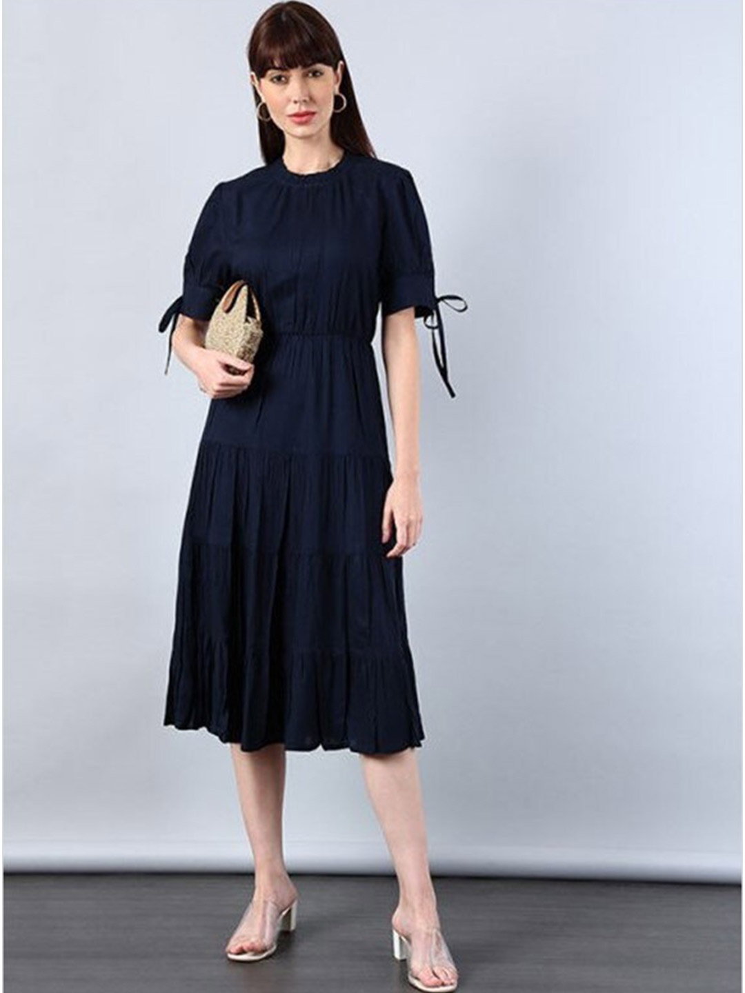 

Aila Puff Sleeves Gathered Detailed Fit & Flare Midi Dress, Navy blue