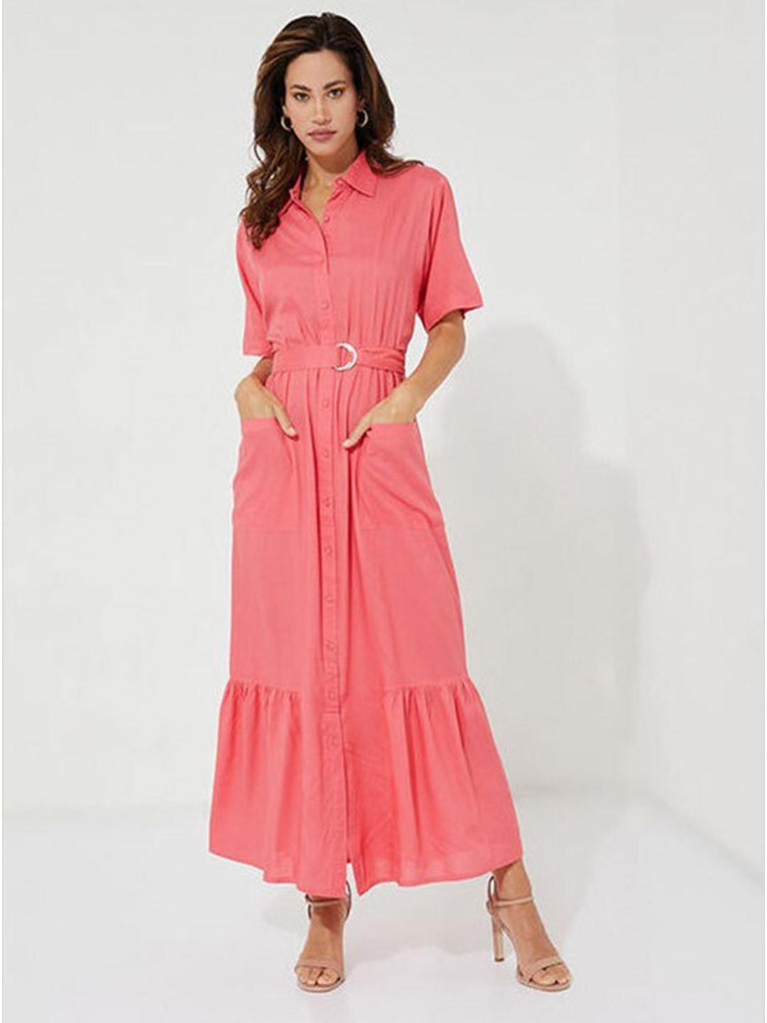 

Aila Shirt Collar Gathered Detailed Maxi Dress, Coral