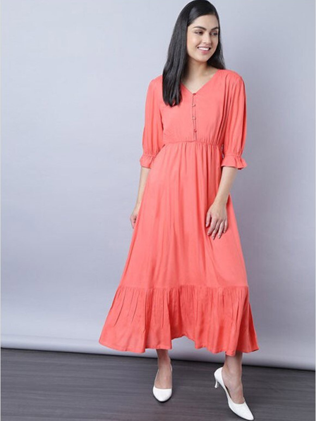 

Aila Bell Sleeves Cotton Flared Maxi Dress, Peach